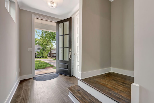 foyer with baseboards and dark wood-style flooring