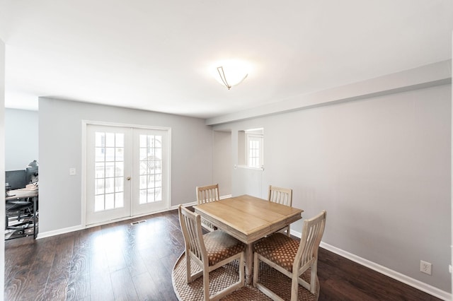 dining area featuring baseboards, french doors, and dark wood-style flooring