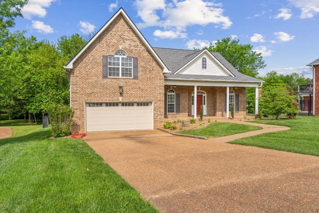 view of front facade with brick siding, a garage, a front lawn, and concrete driveway
