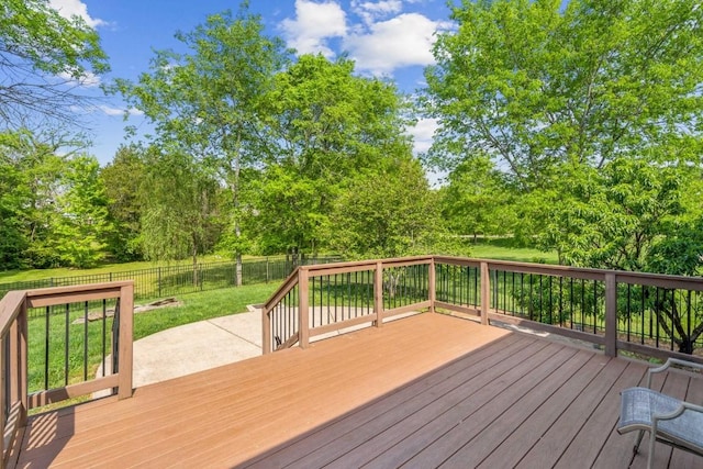 deck featuring a lawn and a fenced backyard