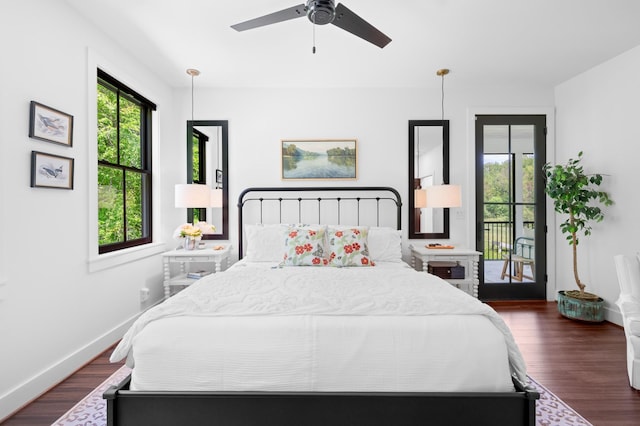 bedroom featuring access to outside, baseboards, dark wood-type flooring, and ceiling fan