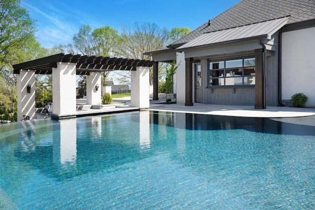 pool featuring a storage structure, a pergola, an outdoor structure, and a patio area