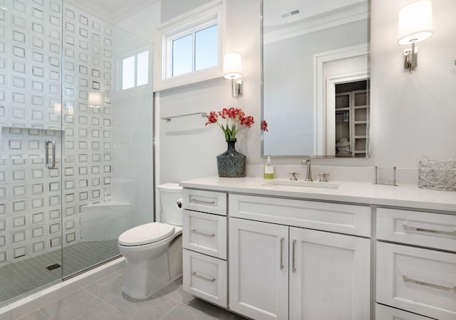 full bath featuring visible vents, ornamental molding, tile patterned flooring, toilet, and a stall shower