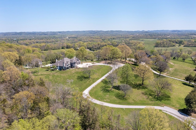 birds eye view of property with a rural view and a wooded view