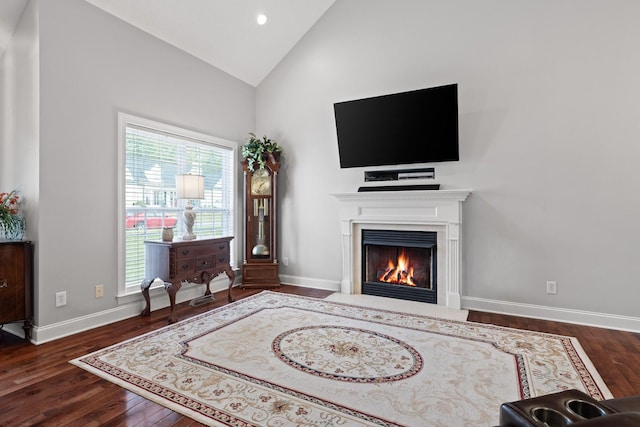 433 Stanford Dr, Flintstone, GA 30725 - living area with a fireplace with flush hearth, dark wood finished floors, high vaulted ceiling, baseboards, and recessed lighting