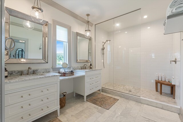 7314 Dug Hill Rd, Bon Aqua, TN 37025 - full bathroom featuring a tile shower, vanity, and ornamental molding