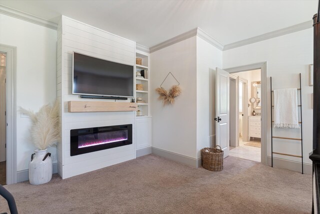 7314 Dug Hill Rd, Bon Aqua, TN 37025 - carpeted living room with ornamental molding and a glass covered fireplace