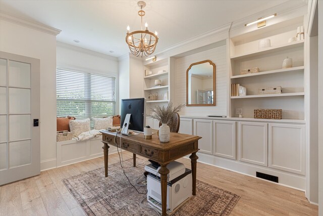 7314 Dug Hill Rd, Bon Aqua, TN 37025 - office area with ornamental molding, a chandelier, light wood-style floors, and built in features