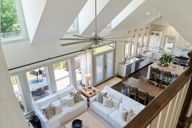 7314 Dug Hill Rd, Bon Aqua, TN 37025 - living area featuring a ceiling fan, french doors, high vaulted ceiling, wood finished floors, and a skylight