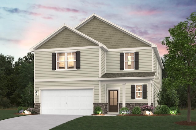 5060 Lawler Ln, Old Hickory, TN 37138 - view of front of house with concrete driveway, a garage, stone siding, and a lawn
