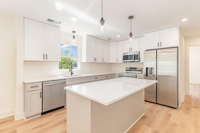 kitchen featuring a sink, white cabinets, stainless steel appliances, and light wood-type flooring