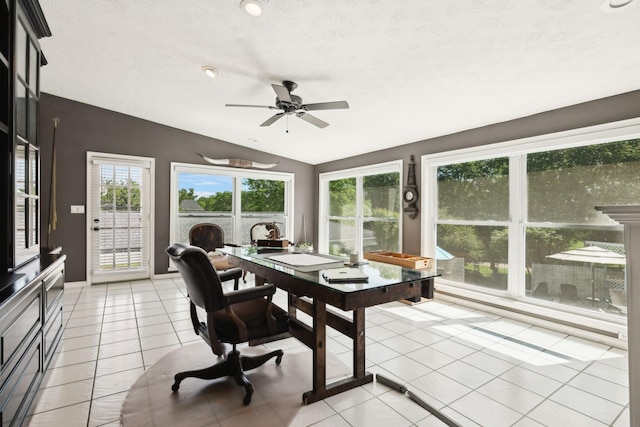 223 Kennett Rd, Old Hickory, TN 37138 - home office with a ceiling fan, light tile patterned floors, lofted ceiling, and a wealth of natural light