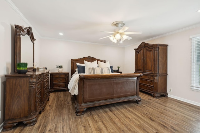 223 Kennett Rd, Old Hickory, TN 37138 - bedroom with crown molding, baseboards, ceiling fan, dark wood-type flooring, and recessed lighting