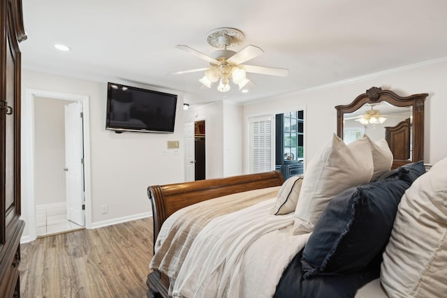 223 Kennett Rd, Old Hickory, TN 37138 - bedroom featuring recessed lighting, ornamental molding, light wood-style flooring, and a ceiling fan