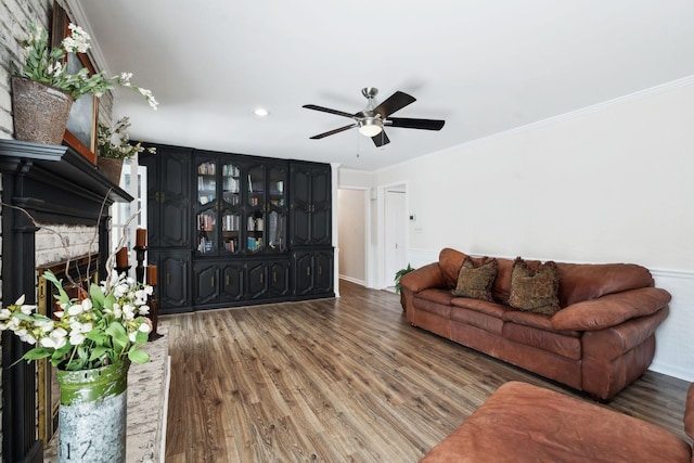 223 Kennett Rd, Old Hickory, TN 37138 - living room featuring ceiling fan, crown molding, a fireplace, wood finished floors, and recessed lighting