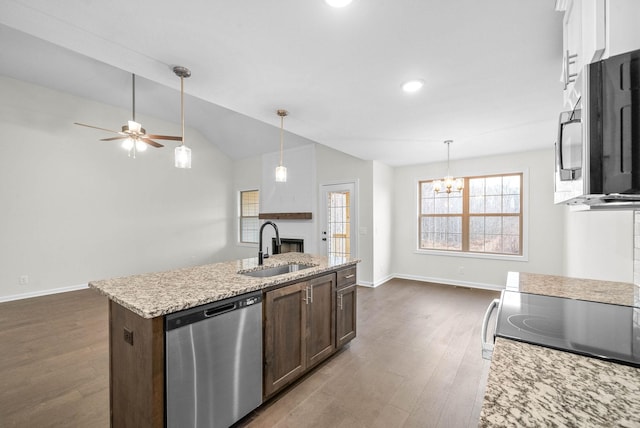 kitchen with a sink, dark wood-style floors, a fireplace, and stainless steel appliances