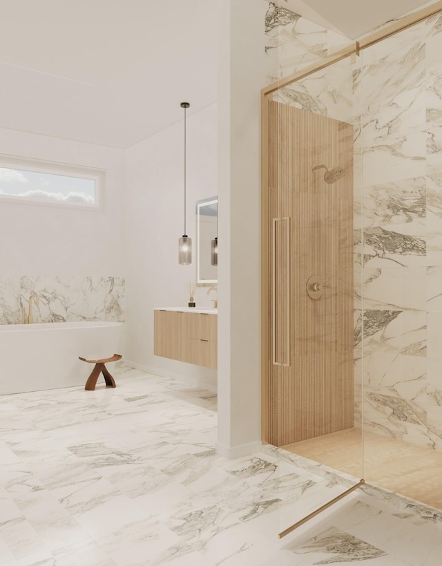 bathroom with a marble finish shower, vanity, and marble finish floor