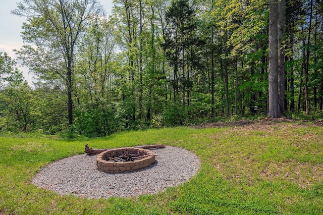 view of yard with a view of trees and a fire pit