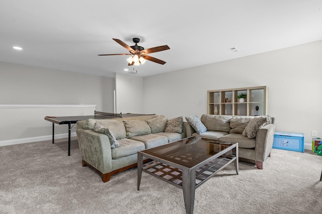 living area featuring carpet, a ceiling fan, recessed lighting, and visible vents