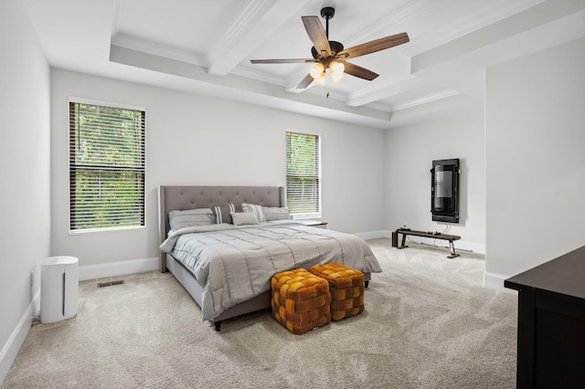 bedroom featuring ornamental molding, beam ceiling, baseboards, coffered ceiling, and carpet