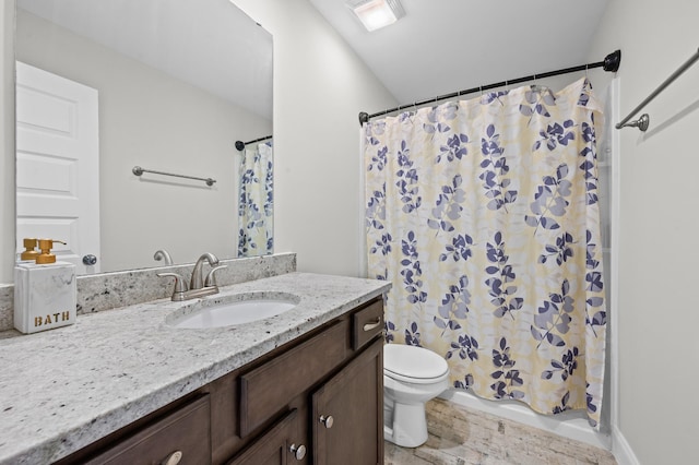 bathroom with toilet, visible vents, shower / bath combo, and vanity