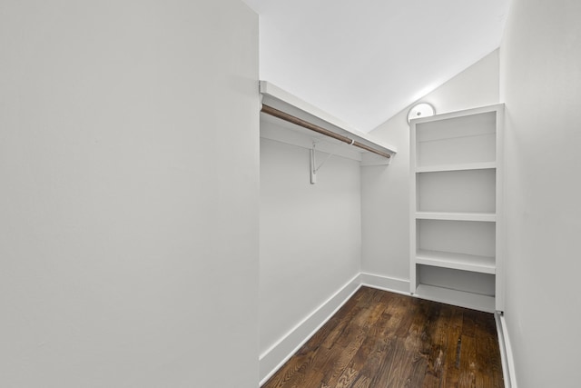 spacious closet featuring dark wood finished floors and lofted ceiling