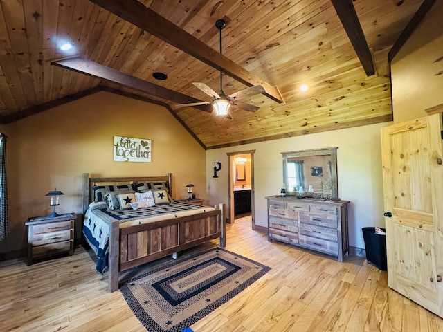 bedroom with light wood-style floors, lofted ceiling with beams, baseboards, and wooden ceiling