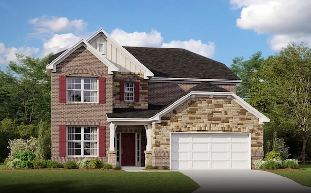 view of front of house featuring a garage, stone siding, a front yard, brick siding, and concrete driveway