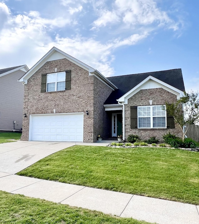 view of front facade featuring brick siding, a garage, a front lawn, and concrete driveway