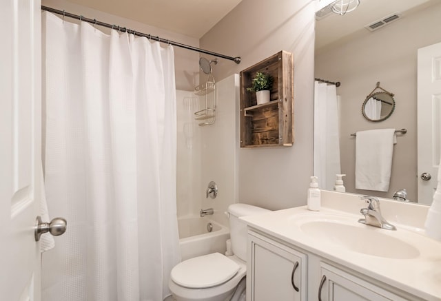 full bathroom with vanity, shower / bath combo, toilet, and visible vents