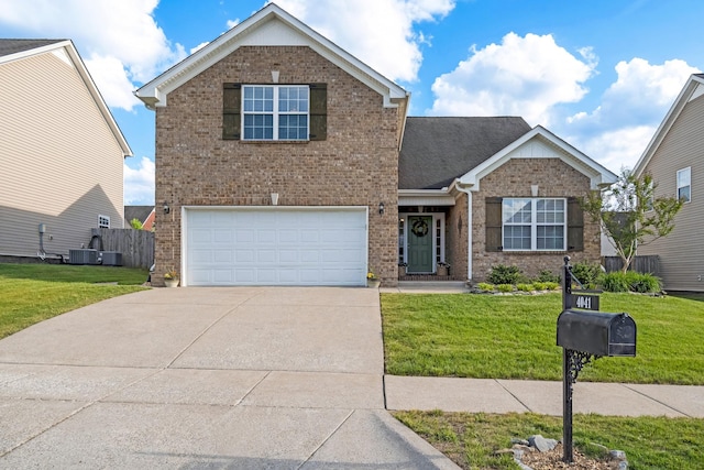 traditional home with a garage, a front lawn, brick siding, concrete driveway, and central air condition unit