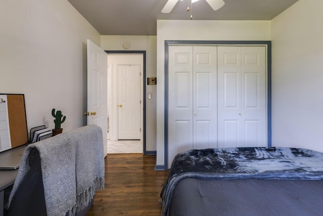 bedroom with a closet, a ceiling fan, and wood finished floors
