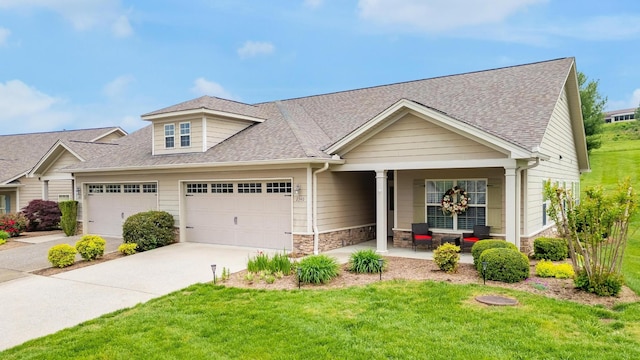 craftsman-style home featuring roof with shingles, stone siding, a garage, a porch, and concrete driveway