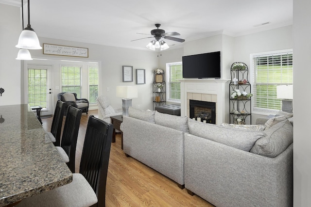 living room featuring a healthy amount of sunlight, ornamental molding, light wood finished floors, and ceiling fan
