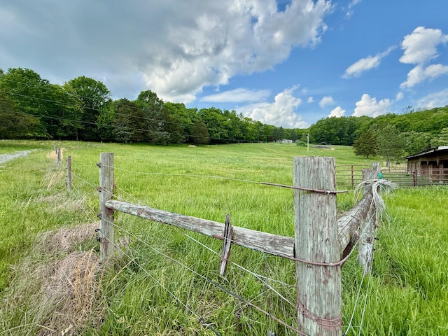 view of yard with fence, a rural view, and a forest view