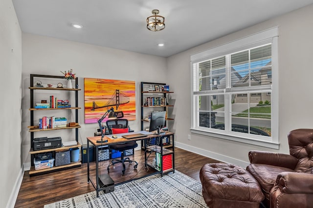 office featuring baseboards, recessed lighting, and wood finished floors