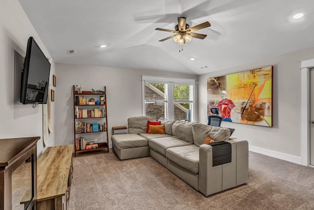 living area featuring ceiling fan, visible vents, carpet floors, lofted ceiling, and recessed lighting