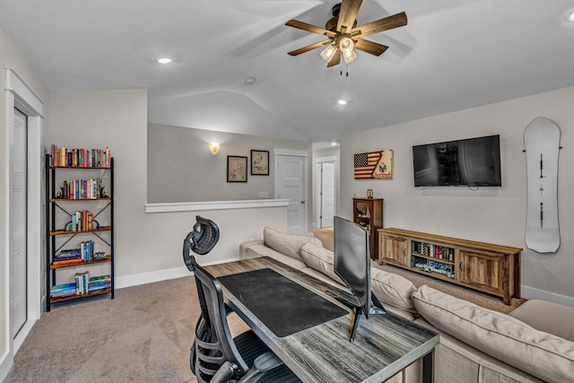 carpeted living area featuring baseboards, a ceiling fan, recessed lighting, and lofted ceiling