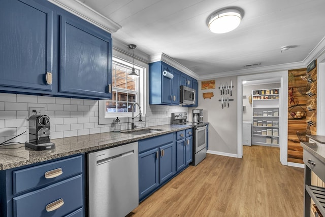 2075 Buttrey Rd, Bon Aqua, TN 37025 - kitchen featuring visible vents, crown molding, a sink, blue cabinets, and appliances with stainless steel finishes