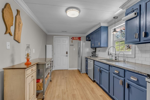 2075 Buttrey Rd, Bon Aqua, TN 37025 - kitchen with a sink, light wood finished floors, blue cabinetry, stainless steel appliances, and tasteful backsplash