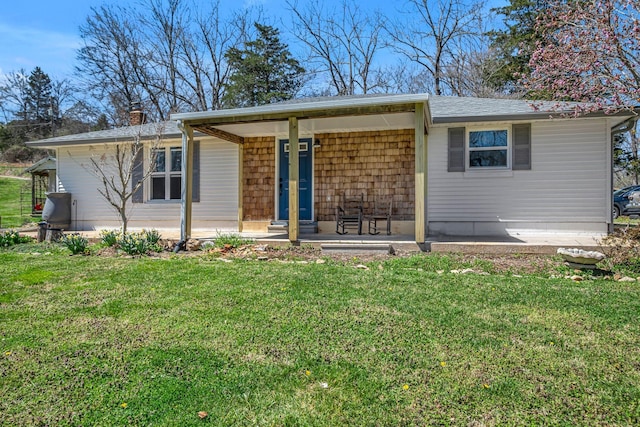 2075 Buttrey Rd, Bon Aqua, TN 37025 - ranch-style home with a porch, a chimney, and a front yard