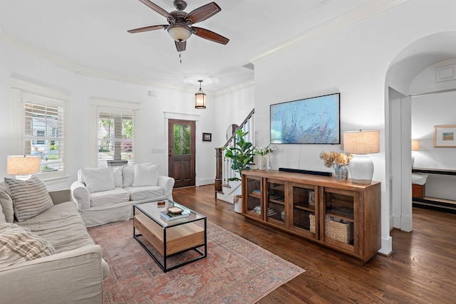 living area with ornamental molding, a ceiling fan, stairs, and wood finished floors