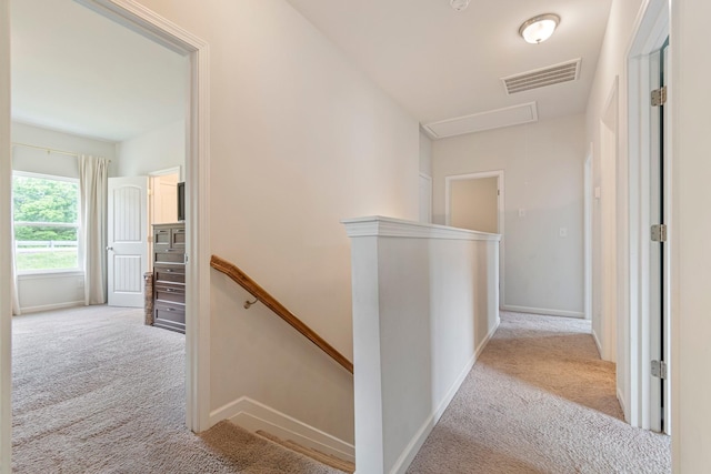 hall featuring visible vents, attic access, carpet flooring, and an upstairs landing