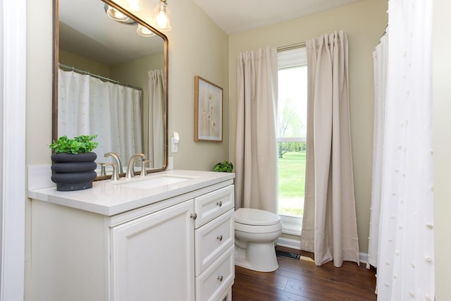 full bath featuring toilet, plenty of natural light, wood finished floors, and vanity