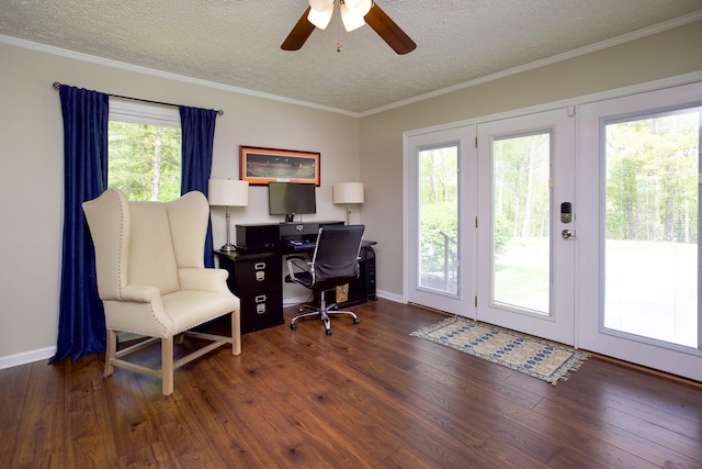 home office featuring ornamental molding, baseboards, a textured ceiling, hardwood / wood-style flooring, and a ceiling fan
