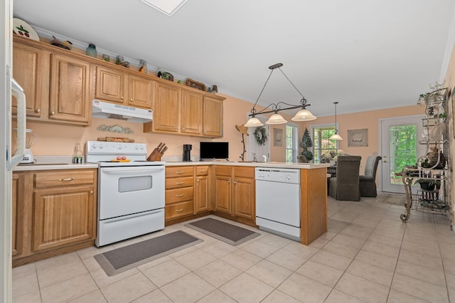 kitchen featuring ornamental molding, a peninsula, white appliances, light countertops, and under cabinet range hood