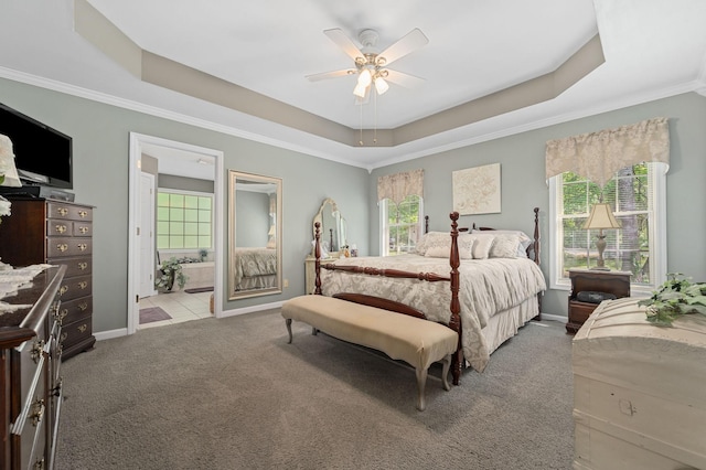 carpeted bedroom featuring ceiling fan, a raised ceiling, baseboards, ornamental molding, and ensuite bath
