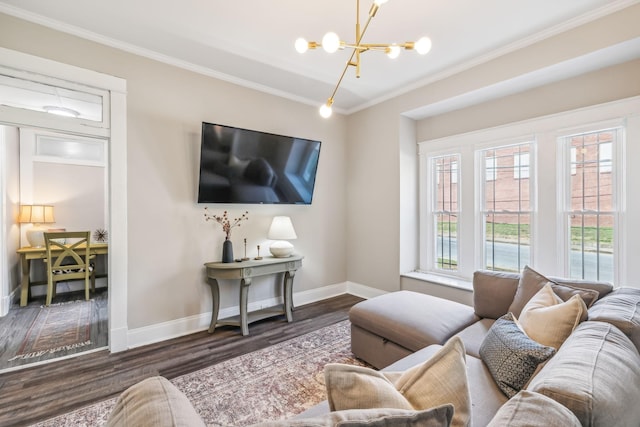 534 Greenwood Ave, Clarksville, TN 37040 - living area featuring baseboards, ornamental molding, wood finished floors, and a notable chandelier