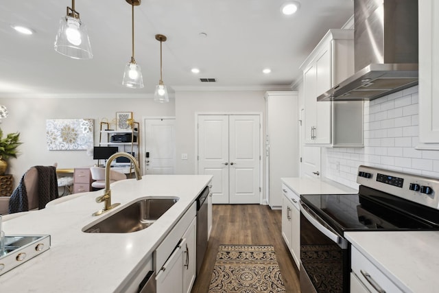 kitchen featuring wall chimney range hood, crown molding, stainless steel appliances, and a sink