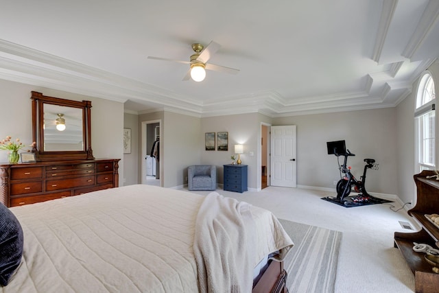 bedroom with crown molding, carpet floors, baseboards, and a ceiling fan